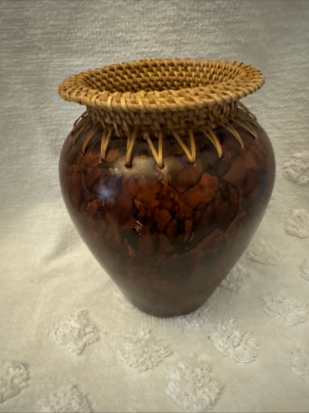 Wicker Top Pottery Vase~ Brown Tones ~ Vintage Rustic Decor~Unique